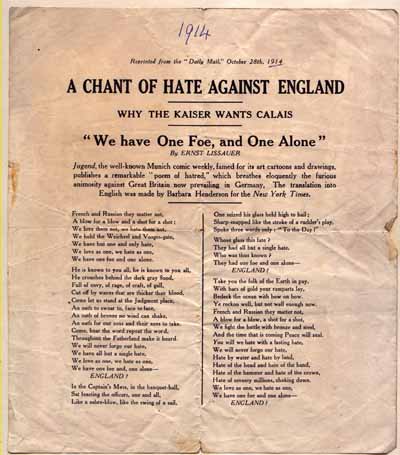 A song reputedly sung by the Germans "A Chant of Hate Against England"